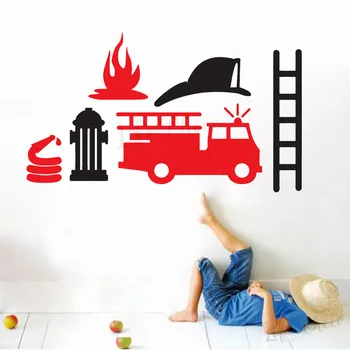 Loc De Joacă Pentru Copii Decor Foc Camion Set De Autocolante De Perete Pompieri Echipament De Vinil De Perete Decal Desene Animate Camion Foc Masina Adeziv Murală