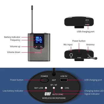 UHF cu Microfon Wireless Lavaliera Headworn Cu Transmitator Bodypack Reîncărcabilă Receptor 1/4