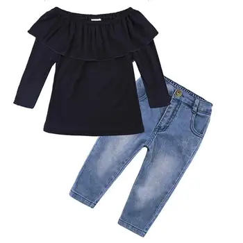 2018Fashionable Stil pentru Fete Lungi Sleevesstripe T-shirt + Blugi Pantaloni În Toamna anului Springsets Haine pentru Copii Set 1-7