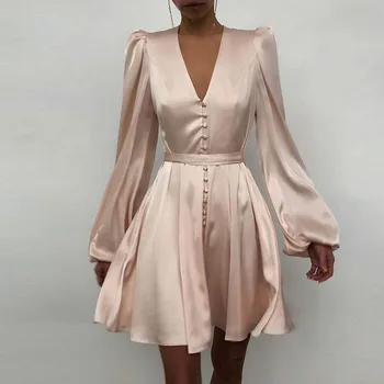 2021 Moda V Gât Satin Buton Mini-Rochie De Primavara-Imprimeu Floral Maneca Lunga Rochie De Petrecere Femei Dulce Subțire O-Linie Rochii Vestidos