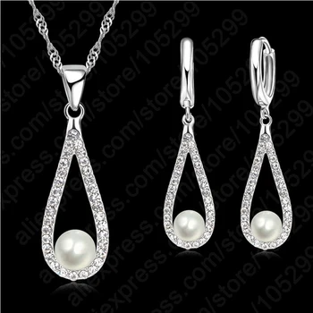 New Sosire Argint 925 Set de Bijuterii Waterdrop Stralucitor Cristale CZ Coliere de Perle Cercei Pentru Femei Aniversare