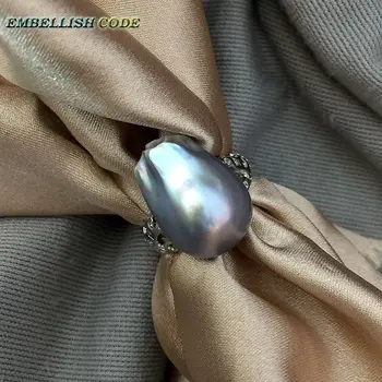 Dimensiuni reglabile Redimensiona baroc pearl argint 925 Inel simplu, clasic gri Lucios țesut nucleate minge de foc flameball femei