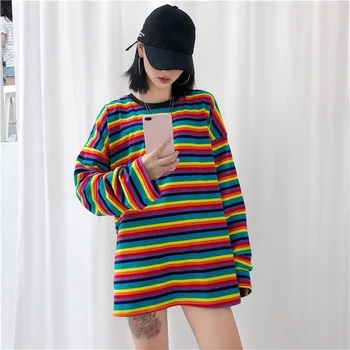 Sllsky Rainbow Stripe T-Shirt Femei De Primavara Toamna Cu Maneci Lungi Oversize Tee Cămașă Harajuku De Sex Feminin Coreeană Vrac Moda Bază Topuri