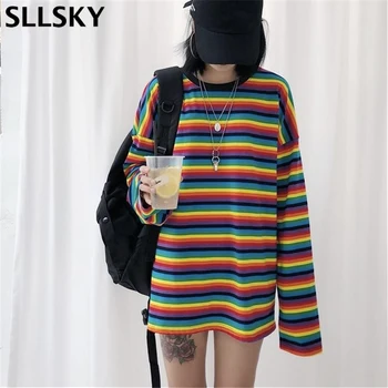 Sllsky Rainbow Stripe T-Shirt Femei De Primavara Toamna Cu Maneci Lungi Oversize Tee Cămașă Harajuku De Sex Feminin Coreeană Vrac Moda Bază Topuri