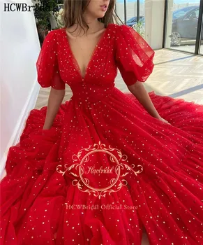 Roșu Strălucitor Rochie De Seara Formale Jumătate Maneca V Gat Ceai De Lungime Stele De Aur Tul Arabă Femei Petrecerea De Nunta Rochii Plus Dimensiune Rochii