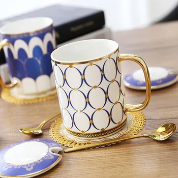 Albastru și Aur Bone China Ceașcă de Cafea Cu o Lingura de Stil European de Creație Ceramică după-Amiază de Ceai Ceașcă De Apă Frumoasa Cutie de Cadou