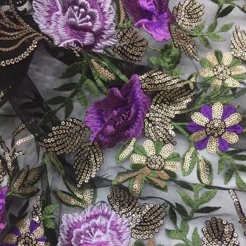 (5yards/pc), Negru și violet African franceză net dantela tesatura cu excelente flori broderie si paiete pentru rochie de petrecere FSS017