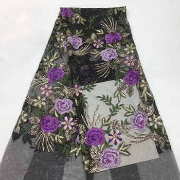 (5yards/pc), Negru și violet African franceză net dantela tesatura cu excelente flori broderie si paiete pentru rochie de petrecere FSS017