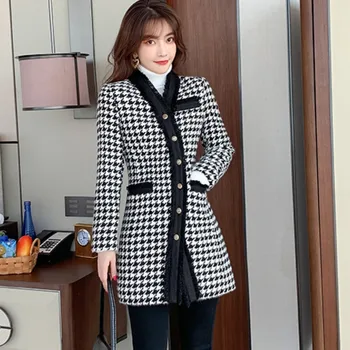 Toamna Iarna Houndstooth Lână Tweed Haine Lungi Femei Maneca Lunga Epocă Single-Breasted De Moda Coreeană Haine Chic