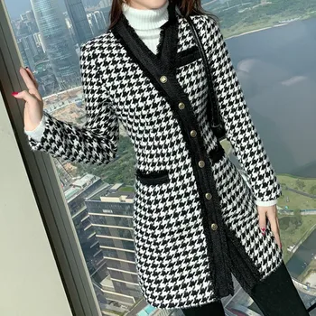 Toamna Iarna Houndstooth Lână Tweed Haine Lungi Femei Maneca Lunga Epocă Single-Breasted De Moda Coreeană Haine Chic