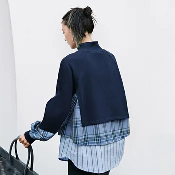 LANMREM noi bleumarin carouri mozaic stand guler liber casual stil coreean sweatershirt toamna mareea moda pentru femei 2A1236