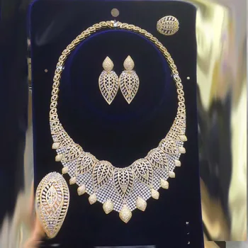 Dazz Nou De Lux Nigeria Frunze Colier Set De Bijuterii Femei Petrecerea De Nunta Cubic Zircon Aur Din Dubai Culoare Nupțial Bijuterii Set Cadou 2019