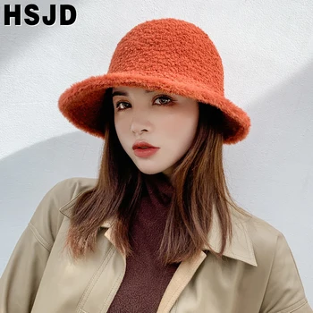 Faux Blana Găleată Pălărie Îngroșat Cald Pălării De Iarnă Pentru Femei-Coreean Arc Pălării De Moda Doamnă Culoare Solidă Margine Largă De Catifea Pălărie De Pescar