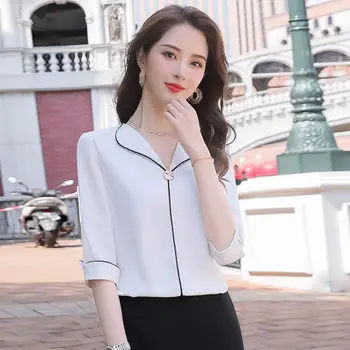 Femei de Primavara Toamna Stil Șifon Bluze Bluza Lady Casual V-Gât Jumătate Maneca Tricou Solid Butonul Office Lady Blusas Topuri DF328