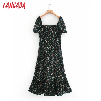 Tangada femei de moda de imprimare florale rochie de vara pătrat guler maneci scurte doamnelor de epocă rochie midi vestidos XN543