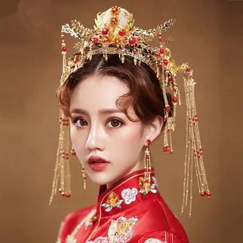 FORSEVEN de Mireasa Mireasa de Aur articole pentru acoperirea capului Set Phoenix Chineză și Coroane Tiara Diadema Ornament de Păr Bijuterii de Nunta Accesorii