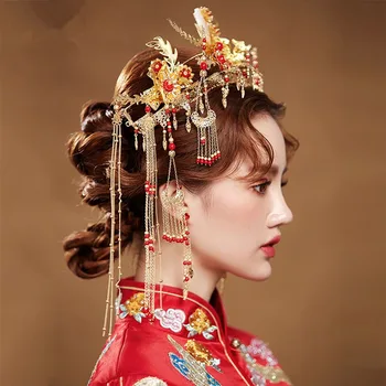 FORSEVEN de Mireasa Mireasa de Aur articole pentru acoperirea capului Set Phoenix Chineză și Coroane Tiara Diadema Ornament de Păr Bijuterii de Nunta Accesorii