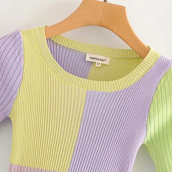 Vintage elegant pătrate colorate de sus a culturilor pulover femei 2020 moda o-gat maneci scurte articole de îmbrăcăminte exterioară elegant anglia stil topuri