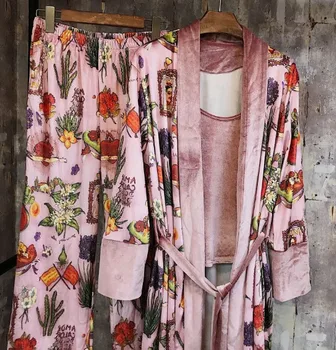 2019 Noua Moda Toamna Iarna Femei Imprimate Trei Piese Set de Pantaloni de Pijama Catifea Casual Pijamale Flanel Cald îmbrăcăminte de noapte