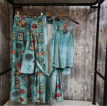 2019 Noua Moda Toamna Iarna Femei Imprimate Trei Piese Set de Pantaloni de Pijama Catifea Casual Pijamale Flanel Cald îmbrăcăminte de noapte