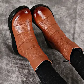 OUKAHUI tv cu Platforma din Piele Jumătate Cizme Femei Pantofi 2019 Iarna Rotund Deget de la picior Vintage Platforma de la Jumătatea Vițel Cizme Femei cu Fermoar