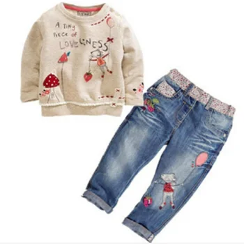 Moda Primavara Toamna Fete Copii Seturi de Îmbrăcăminte de Bumbac O-Gât Topuri+2 buc Blugi cu Maneci Lungi Florale Denim se Potrivește 2to6 Ani OldBCS126