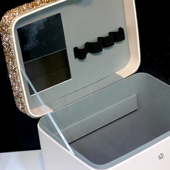 Bine Diamante Strălucitoare Sac De Cosmetice De Mare Capacitate Dublu Strat Multifuncțional Portabil Oglindă Cu Mâner De Bijuterii Cutie De Depozitare