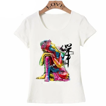 Casual pentru Femei Maneci Scurte Somn bun Buddha Print T-Shirt Colorat Zen Art Tricou Alb Fata Frumoasa tricou