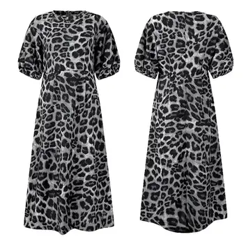 Femei la Jumătatea Vițel Rochie Vintage Puff Sleeve Leopard Imprimate Rochie 2021 VONDA Vacanta de Vara Sarafan Casual Vestidos Plus Dimensiune