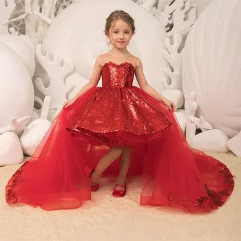 Sclipici Paiete Roșii de Flori Fete Rochii Tul Aplici Arc Rochie de Bal Detasabila pentru Copii de Tren Petrecere Princess Concurs de платье 2021