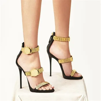 Lux Ceas De Mână De Aur Sandale Cu Toc Înalt Lanț De Metal Decor Sandale Gladiator Femei Designer Tocuri Inalte Pantofi De Partid Femeie 2020