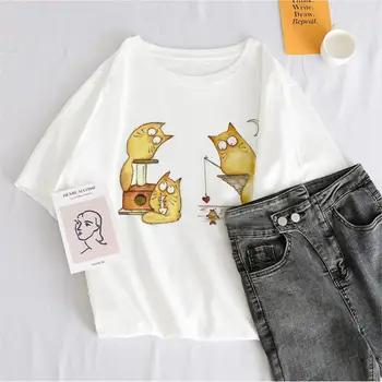 2020 Nou Arrivel Pisica Minunat De Imprimare De Desene Animate Topuri Casual Pisica Amuzant Tricou Femei Vrac Litere Mari Dimensiuni Teuri Epocă Drăguț T-Shirt