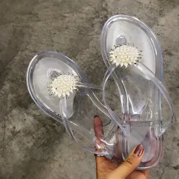 Vara Jeleu Pantofi de moda Transparente din PVC de sex Feminin Flip-flops Pantofi de Plaja si Soare, Floare Pearl Ambarcațiunile de Sandale în aer liber, Papuci