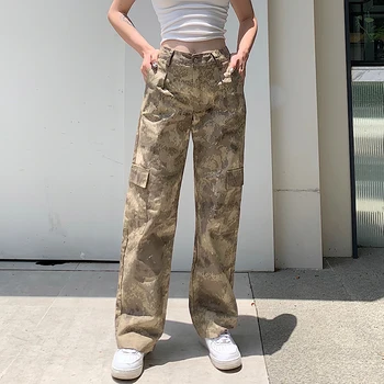 Waatfaak Buzunare Hip Hop Pantaloni Femei Harajuku Largi Drepte Camo Pantaloni Codrin Înaltă Talie Pantaloni De Vara Streetwear 2020