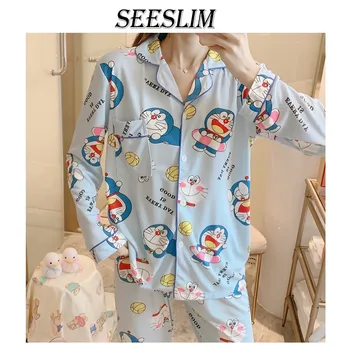 Tonngirls Pijamale Fete Set De Primăvară Drăguț De Agrement Pijamale Pentru Femei Desene Animate Imprimate Pijamale Homewear Costum Doraemon Pijamale