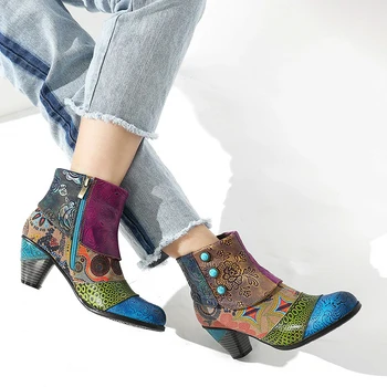 Vintage Despicare Tipărite Glezna Cizme Pentru Femei Pantofi pentru Femeie din Piele PU Retro Bloc Tocuri inalte Cizme pentru Femei 2021