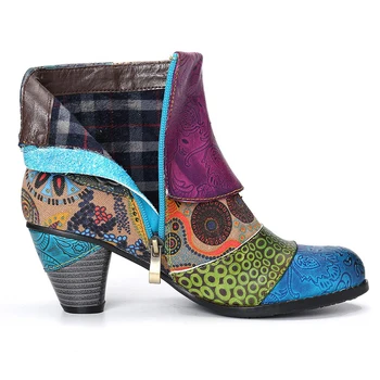 Vintage Despicare Tipărite Glezna Cizme Pentru Femei Pantofi pentru Femeie din Piele PU Retro Bloc Tocuri inalte Cizme pentru Femei 2021