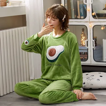 MELIFLE Cald Iarna Avocado Set de Pijama pentru Femei Catifea de Mătase Verde Pijamale Flanel Atoff Acasă Satin Moale de Pluș Sleepwear