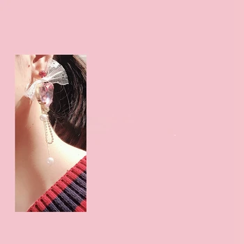 MENGJIQIAO Moda coreeană Asimetrice Inima de Cristal Lung Stras Picătură Cercei Pentru Femeile Elegante Dantela Bowknot Brincos Bijuterii