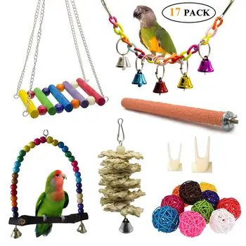 Papagal Pasăre Jucării 17 Pack Pasăre Leagăne Suspendate de Mestecat Jucării cu Clopote Hamac Leagan Bell și Cioc Rattan Bile
