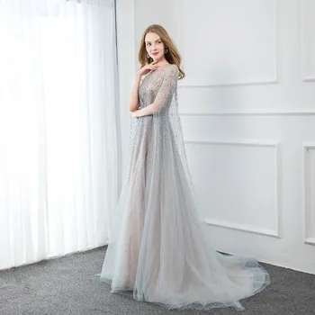 YQLNNE 2021 Lux, Cristale, Margele Rochii de Seara Lungi O de Gât Argint Tul Cu Șal Maneca Elegante Rochii Formale