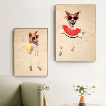 RELIABLI ARTĂ Drăguț Câine Cu Ochelari Poze Plaja Panza Pictura Animal Postere Si Printuri de Arta de Perete Decor Camera FARA RAMA