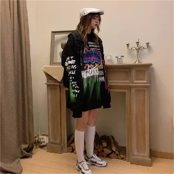 Haine De Toamna De Moda Coreeană Topuri Tricouri Femei Punk Streetwear Femei Denim Imprimat Tricouri Vintage Maneca Lunga Tricou Fete