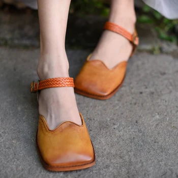 Artmu Original Retro Square Toe Sandale Femei Superficial Gura Piele Naturala Plat Manual Cataramă Pantofi 1812-5