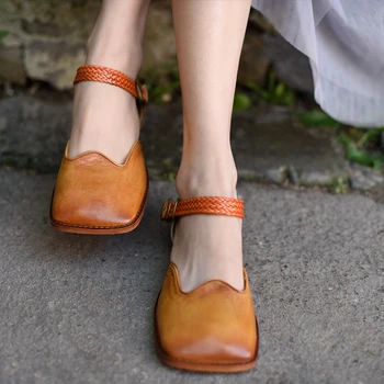 Artmu Original Retro Square Toe Sandale Femei Superficial Gura Piele Naturala Plat Manual Cataramă Pantofi 1812-5