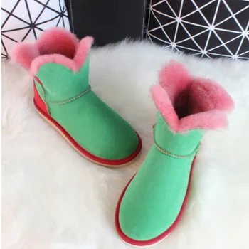 Crăciun pantofi de piele de Oaie Cizme de Zăpadă Naturală de Oaie, Blana Cizme Glezna Floare Dulce de Lână Guler de Blană de sex Feminin verde Cizme de Iarna