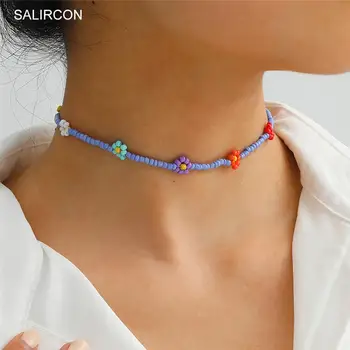 Salircon Boho Șirag de mărgele de Semințe Daisy Flori Cravată Colier pentru Femei Kpop Declarație Scurtă Clavicula Lanț Colier Moda Bijuterii Cadou