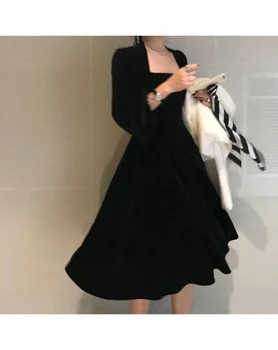 Coreeană Noua Moda Harajuku Femei Rochie Neagra Cu Maneci Lungi Pătrat Sexy Rochie Guler De Catifea Simplu Slim Naveta Rochie Lunga