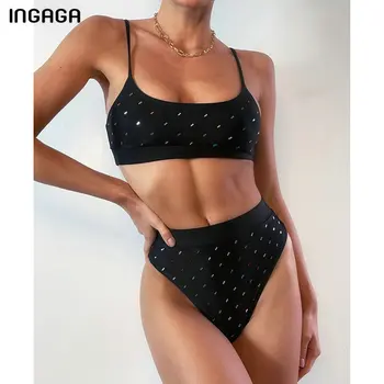 INGAGA Talie Mare Bikini Costume de baie Push Up pentru Femei Costume de baie Ridicat Piciorul Biquini Negru Solid Costume de Baie 2021 Nou Sexy Beachwear