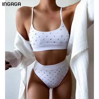 INGAGA Talie Mare Bikini Costume de baie Push Up pentru Femei Costume de baie Ridicat Piciorul Biquini Negru Solid Costume de Baie 2021 Nou Sexy Beachwear